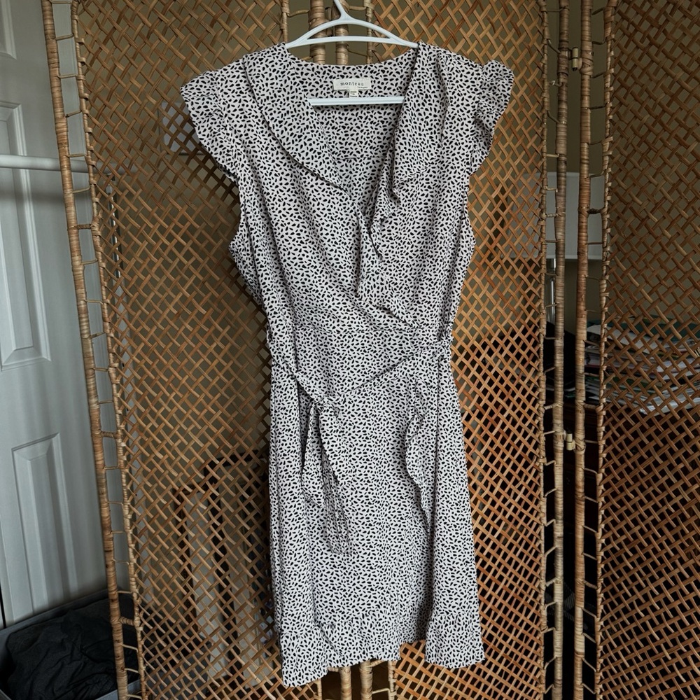 Monteau White Dress with Black Polka Dot Print